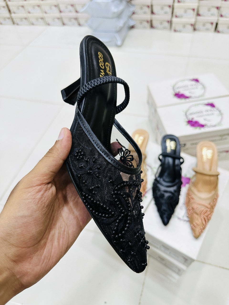 Elegant Black Hand-Embroidered Kitten Heels for Women