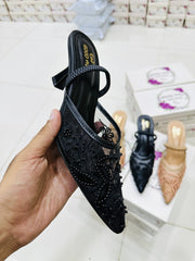 Elegant Black Hand-Embroidered Kitten Heels for Women