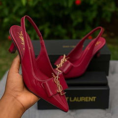 Burgundy Kitten Heel Shoes For Women – Stylish Sling back Design With Gold Accent Bow, Comfortable Fit, And Classy Glossy Finish