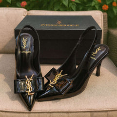 Elegant Black Kitten Heel Shoes For Women – 2.5 Inch Heels With Gold Buckle And Elastic Band Closure For Stylish Comfort And Perfect Fit