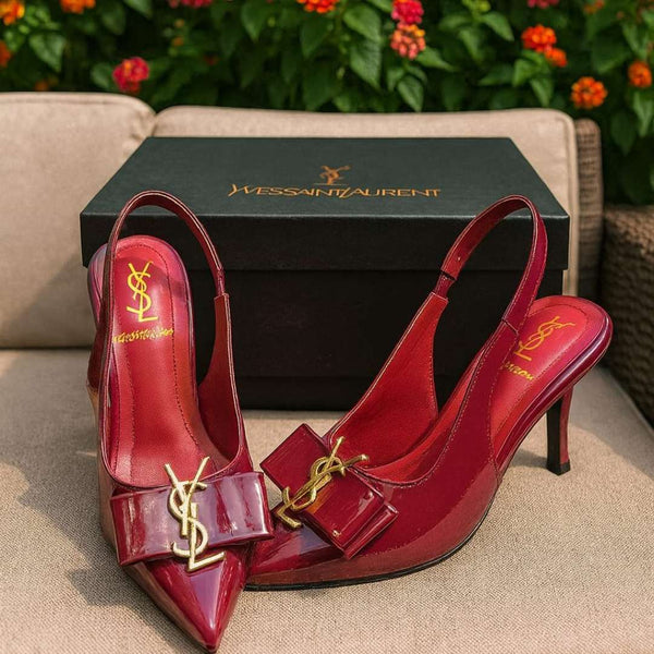 Burgundy Kitten Heel Shoes For Women – Stylish Sling back Design With Gold Accent Bow, Comfortable Fit, And Classy Glossy Finish