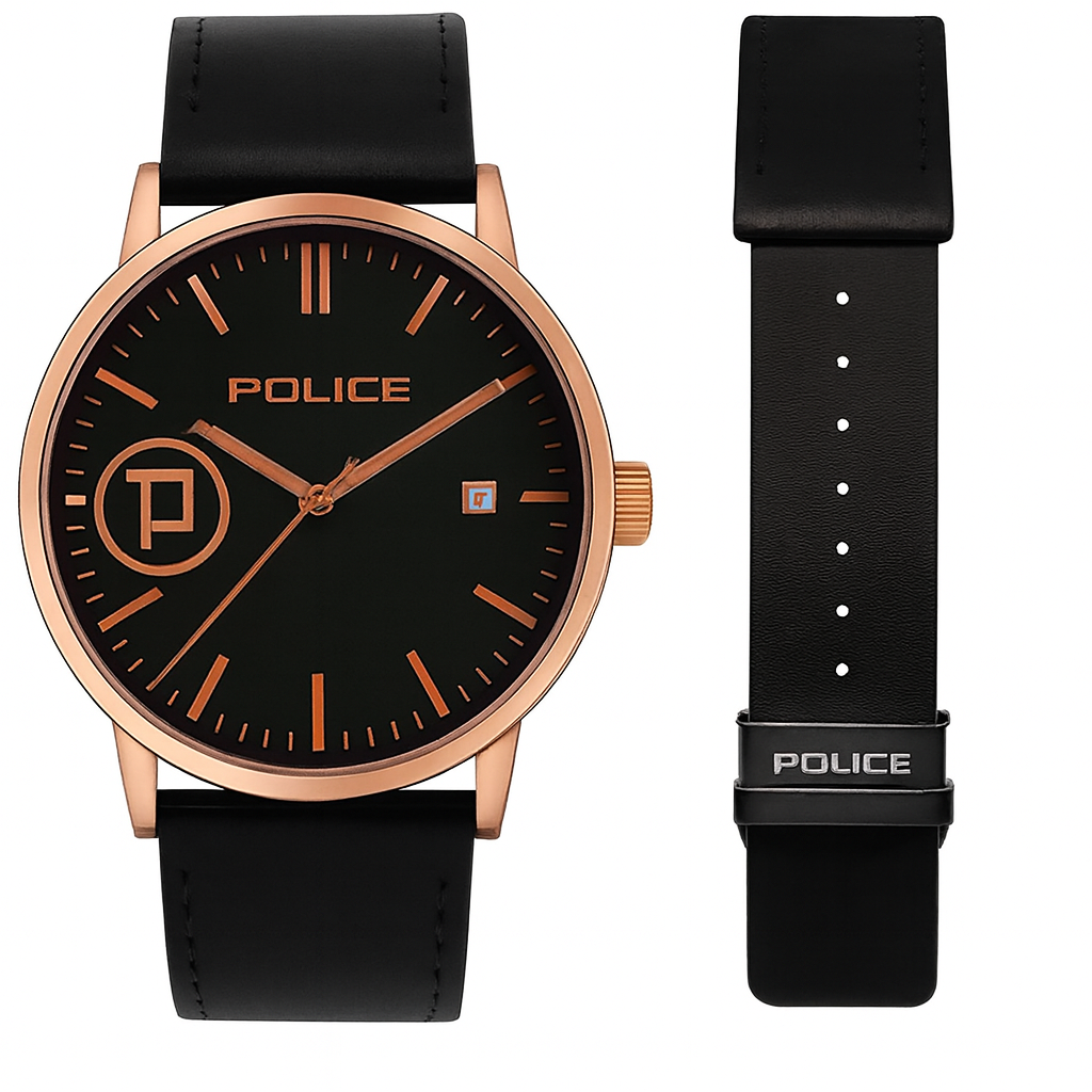 Police Watch – Elegant Design with Date Display | Leather Strap | Quartz Movement | Water Resistant - Black Strap with Black Dial