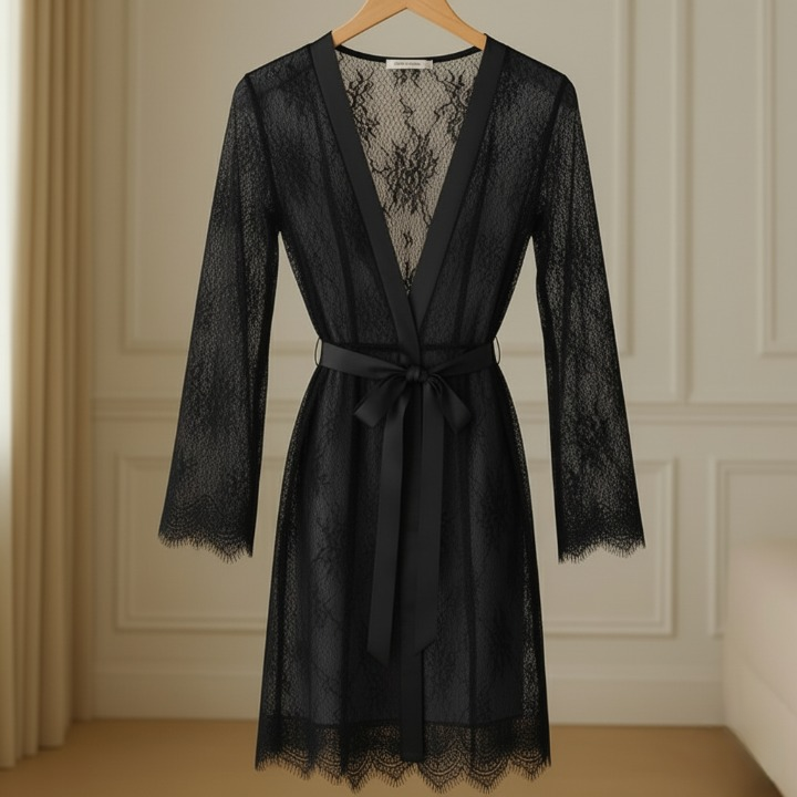 Single Pcs Women’s Net Transparent Sheer Lace Robe Gown – Long Sleeve Free-Size Nightwear With Satin Belt For Elegant And Stylish Comfort - Black