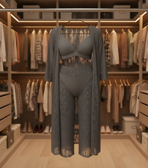 Luxurious Net Transparent Lace 4-Piece Nightwear Set – Stylish Free-Size Lounge And Sleepwear Including Gown, Bra, Panty, And Trouser - Black