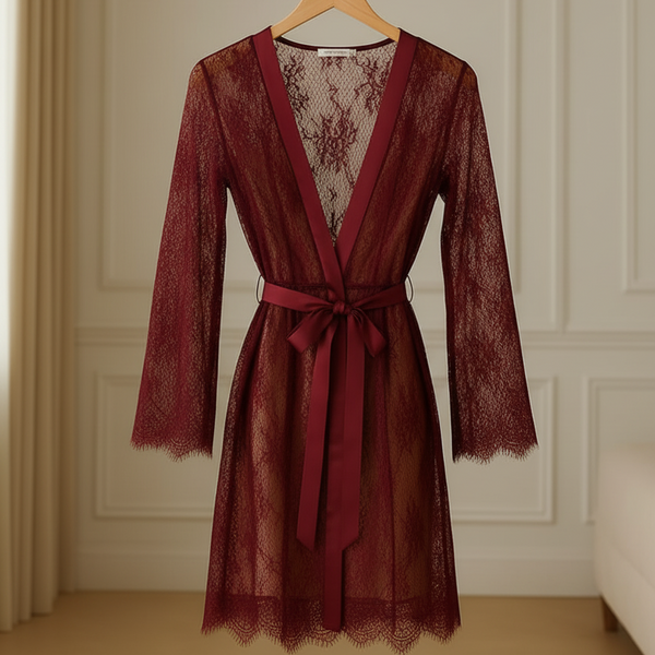 Single Pcs Women’s Net Transparent Sheer Lace Robe Gown – Long Sleeve Free-Size Nightwear With Satin Belt For Elegant And Stylish Comfort - Black